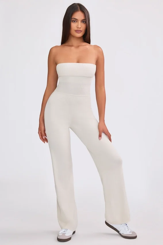 Chunky Knit Bandeau Kick Flare Jumpsuit in Cream Chunky Knit Bandeau Kick Flare Jumpsuit in Cream