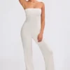 Chunky Knit Bandeau Kick Flare Jumpsuit in Cream Chunky Knit Bandeau Kick Flare Jumpsuit in Cream