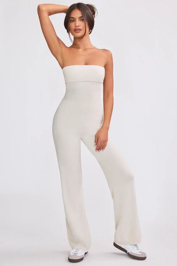 Chunky Knit Bandeau Kick Flare Jumpsuit in Cream Chunky Knit Bandeau Kick Flare Jumpsuit in Cream