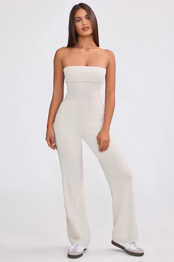 Chunky Knit Bandeau Kick Flare Jumpsuit in Cream Chunky Knit Bandeau Kick Flare Jumpsuit in Cream