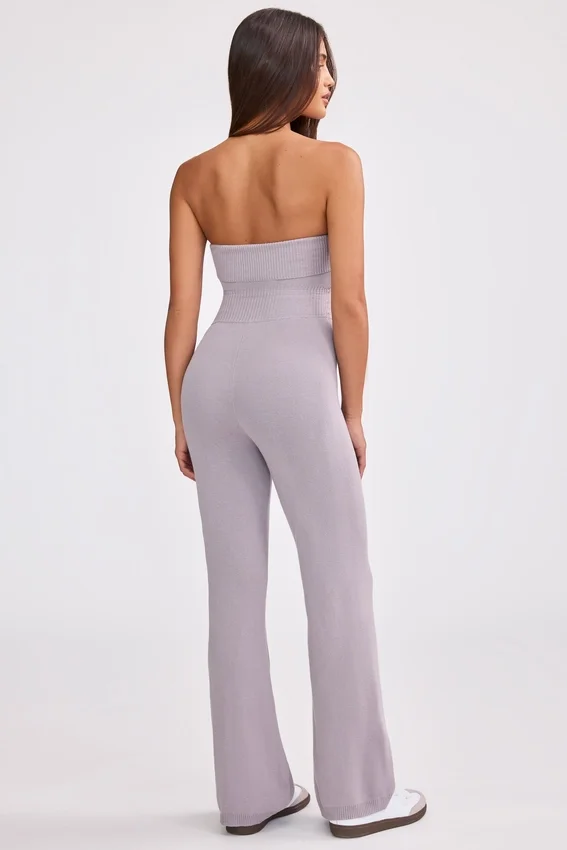 Chunky Knit Bandeau Kick Flare Jumpsuit in Dusty Lavender Chunky Knit Bandeau Kick Flare Jumpsuit in Dusty Lavender