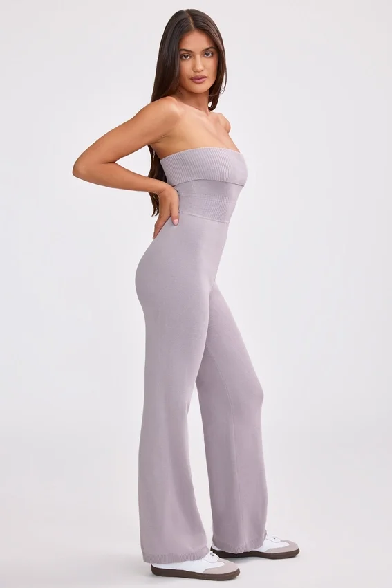 Chunky Knit Bandeau Kick Flare Jumpsuit in Dusty Lavender Chunky Knit Bandeau Kick Flare Jumpsuit in Dusty Lavender