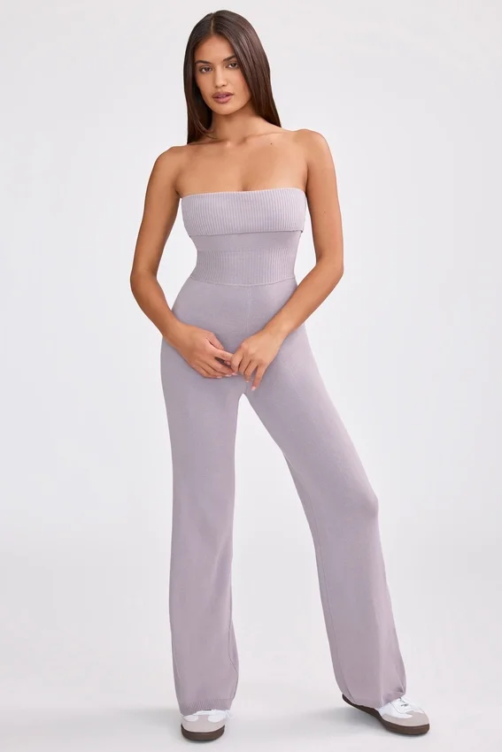 Chunky Knit Bandeau Kick Flare Jumpsuit in Dusty Lavender Chunky Knit Bandeau Kick Flare Jumpsuit in Dusty Lavender