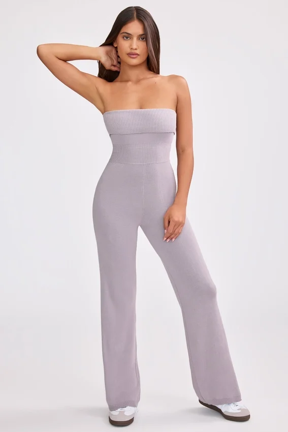 Chunky Knit Bandeau Kick Flare Jumpsuit in Dusty Lavender Chunky Knit Bandeau Kick Flare Jumpsuit in Dusty Lavender