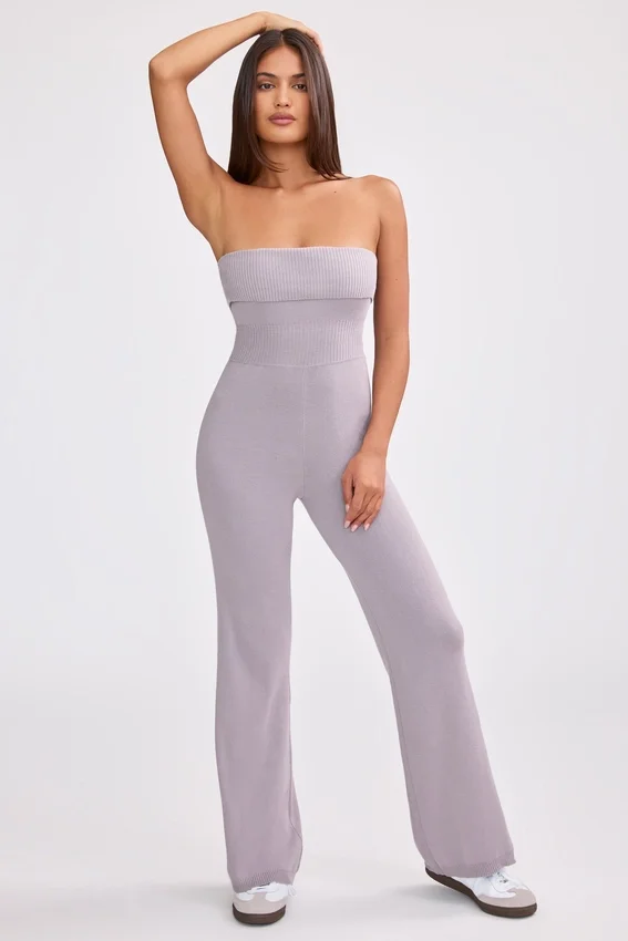 Chunky Knit Bandeau Kick Flare Jumpsuit in Dusty Lavender Chunky Knit Bandeau Kick Flare Jumpsuit in Dusty Lavender
