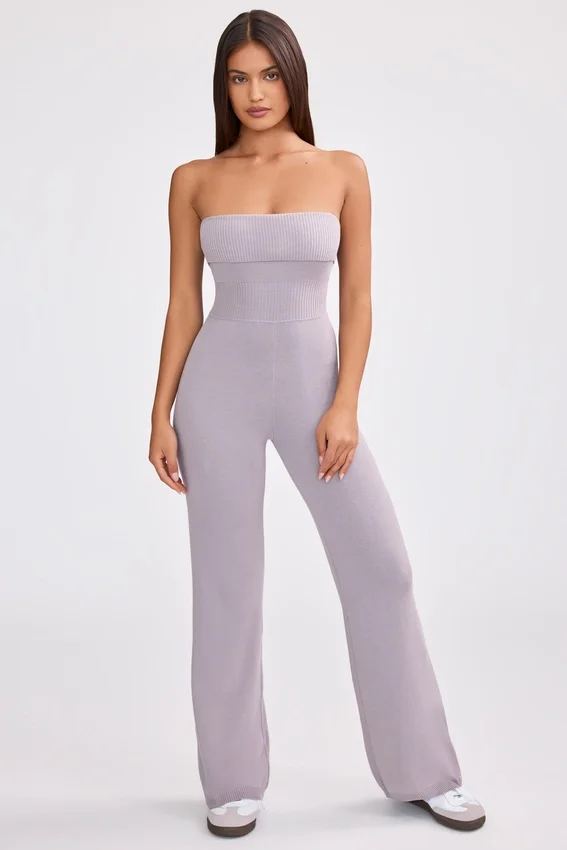 Chunky Knit Bandeau Kick Flare Jumpsuit in Dusty Lavender Chunky Knit Bandeau Kick Flare Jumpsuit in Dusty Lavender