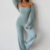 Chunky Knit Bandeau Kick Flare Jumpsuit in Dusty Teal Chunky Knit Bandeau Kick Flare Jumpsuit in Dusty Teal