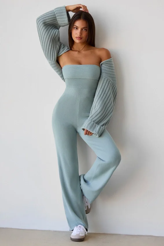 Chunky Knit Bandeau Kick Flare Jumpsuit in Dusty Teal Chunky Knit Bandeau Kick Flare Jumpsuit in Dusty Teal