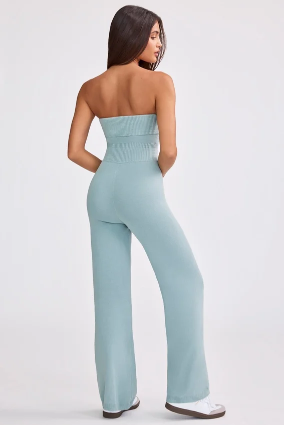 Chunky Knit Bandeau Kick Flare Jumpsuit in Dusty Teal Chunky Knit Bandeau Kick Flare Jumpsuit in Dusty Teal