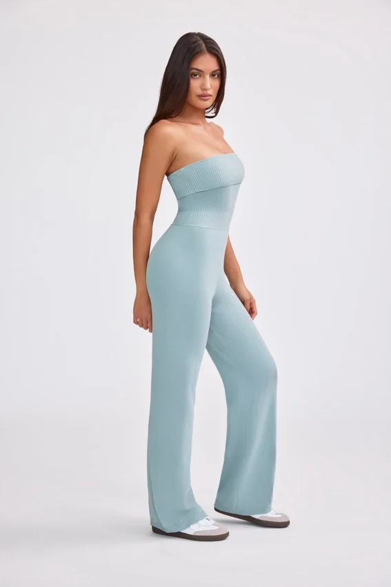 Chunky Knit Bandeau Kick Flare Jumpsuit in Dusty Teal Chunky Knit Bandeau Kick Flare Jumpsuit in Dusty Teal