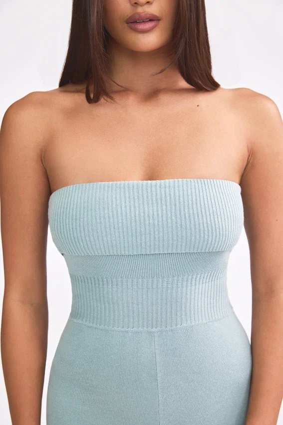 Chunky Knit Bandeau Kick Flare Jumpsuit in Dusty Teal Chunky Knit Bandeau Kick Flare Jumpsuit in Dusty Teal