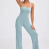 Chunky Knit Bandeau Kick Flare Jumpsuit in Dusty Teal Chunky Knit Bandeau Kick Flare Jumpsuit in Dusty Teal