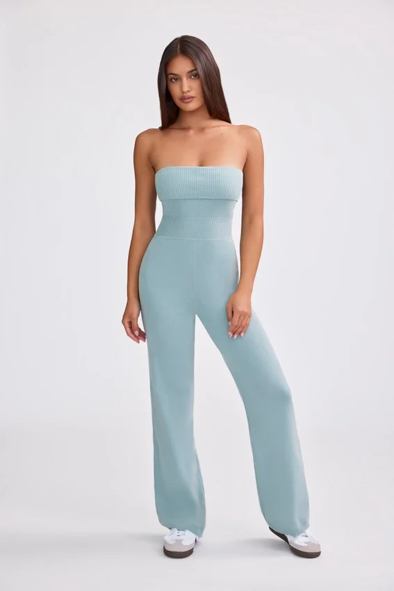 Chunky Knit Bandeau Kick Flare Jumpsuit in Dusty Teal Chunky Knit Bandeau Kick Flare Jumpsuit in Dusty Teal