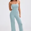Chunky Knit Bandeau Kick Flare Jumpsuit in Dusty Teal Chunky Knit Bandeau Kick Flare Jumpsuit in Dusty Teal