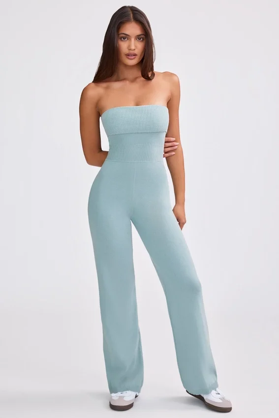 Chunky Knit Bandeau Kick Flare Jumpsuit in Dusty Teal Chunky Knit Bandeau Kick Flare Jumpsuit in Dusty Teal