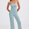 Chunky Knit Bandeau Kick Flare Jumpsuit in Dusty Teal Chunky Knit Bandeau Kick Flare Jumpsuit in Dusty Teal