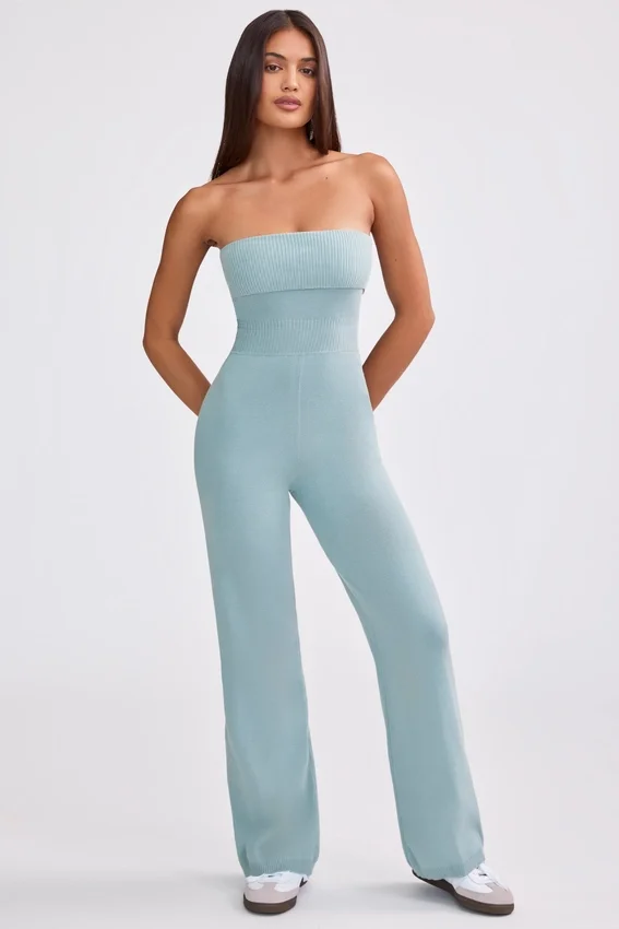 Chunky Knit Bandeau Kick Flare Jumpsuit in Dusty Teal Chunky Knit Bandeau Kick Flare Jumpsuit in Dusty Teal