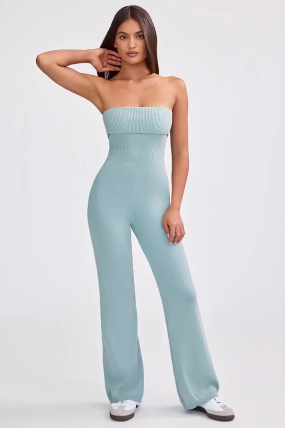 Chunky Knit Bandeau Kick Flare Jumpsuit in Dusty Teal Chunky Knit Bandeau Kick Flare Jumpsuit in Dusty Teal