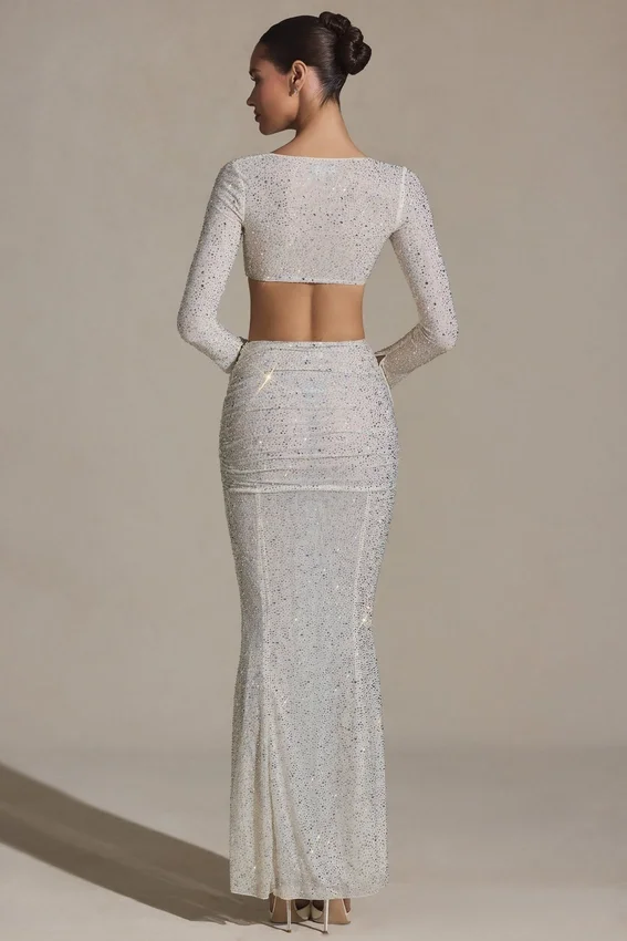 Claribel Embellished Ruched Maxi Skirt in White Claribel Embellished Ruched Maxi Skirt in White