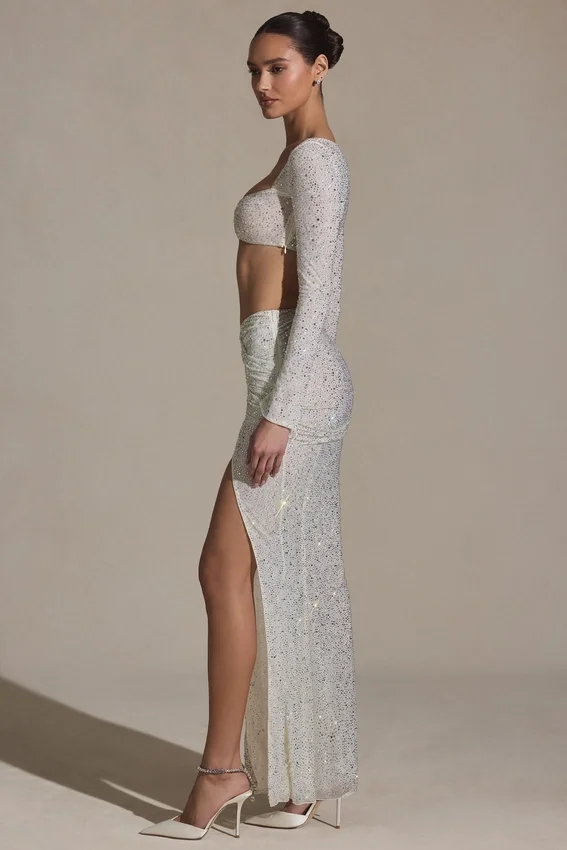 Claribel Embellished Ruched Maxi Skirt in White Claribel Embellished Ruched Maxi Skirt in White