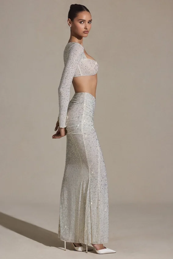 Claribel Embellished Ruched Maxi Skirt in White Claribel Embellished Ruched Maxi Skirt in White