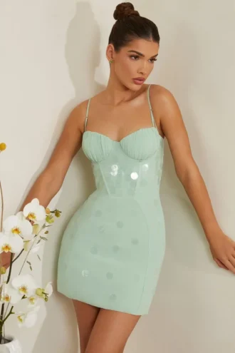 Constance Embellished Corset Mini Dress in Sage Constance Embellished Corset Mini Dress in Sage