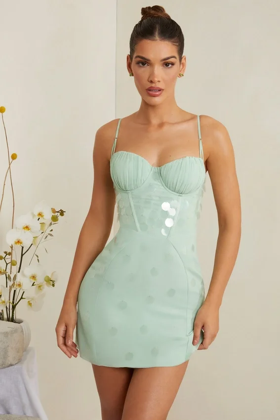 Constance Embellished Corset Mini Dress in Sage Constance Embellished Corset Mini Dress in Sage