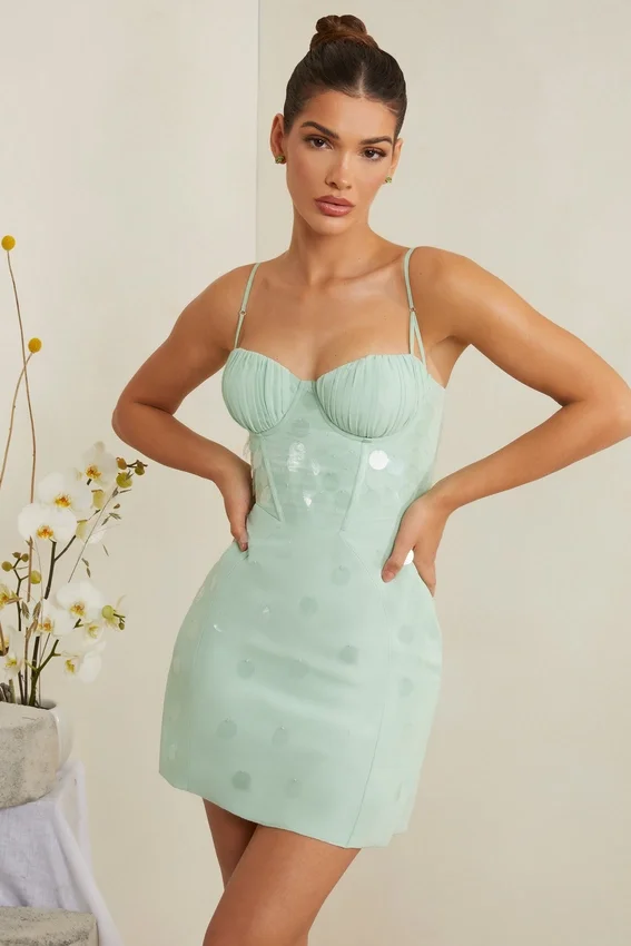 Constance Embellished Corset Mini Dress in Sage Constance Embellished Corset Mini Dress in Sage
