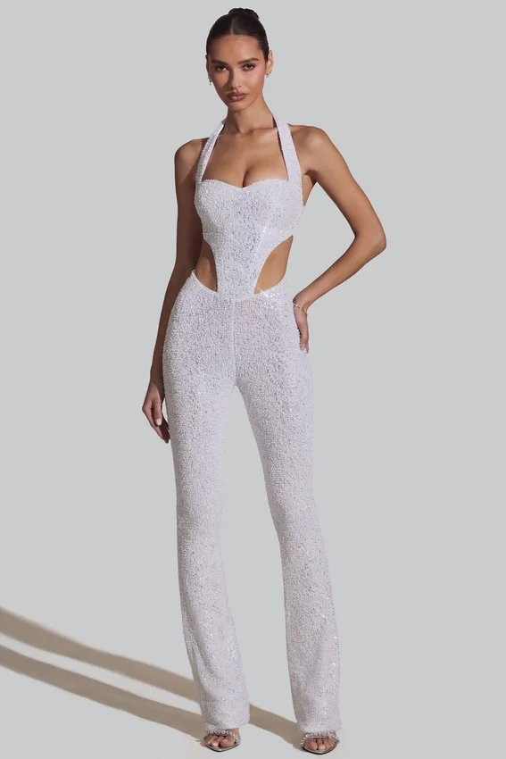 Coralena Embellished Cut-Out Jumpsuit in White Coralena Embellished Cut-Out Jumpsuit in White