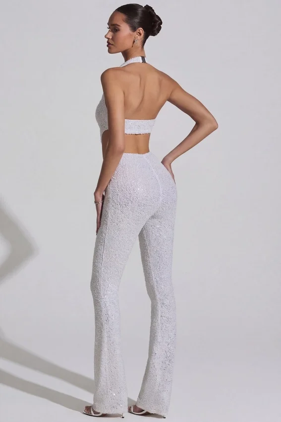 Coralena Embellished Cut-Out Jumpsuit in White Coralena Embellished Cut-Out Jumpsuit in White