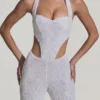Coralena Embellished Cut-Out Jumpsuit in White Coralena Embellished Cut-Out Jumpsuit in White
