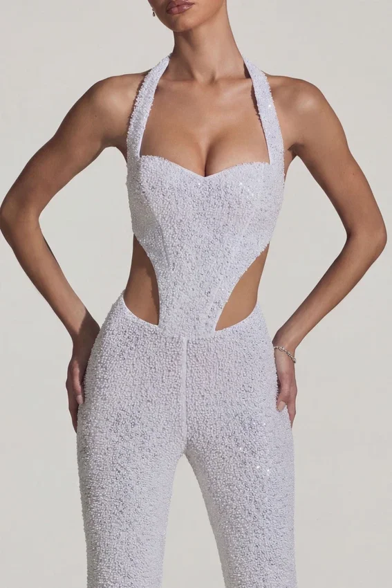 Coralena Embellished Cut-Out Jumpsuit in White Coralena Embellished Cut-Out Jumpsuit in White