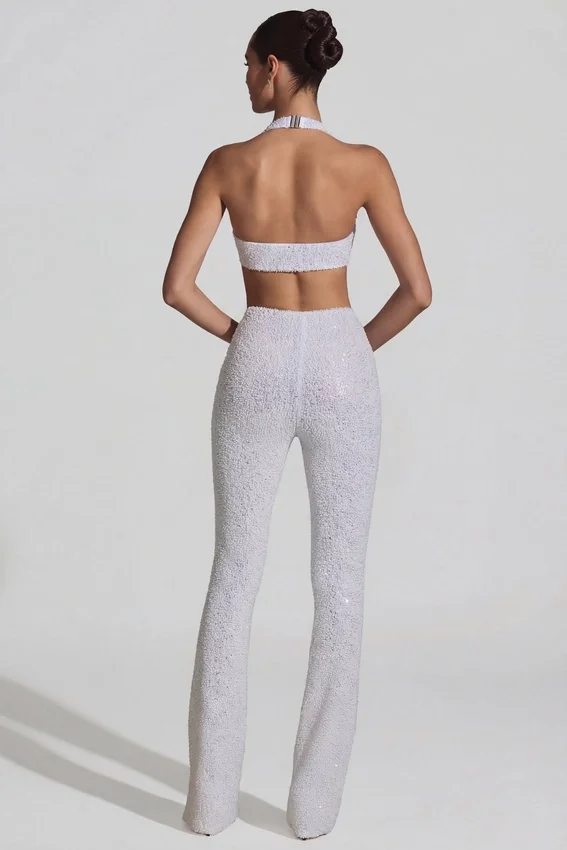 Coralena Embellished Cut-Out Jumpsuit in White Coralena Embellished Cut-Out Jumpsuit in White