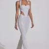 Coralena Embellished Cut-Out Jumpsuit in White Coralena Embellished Cut-Out Jumpsuit in White