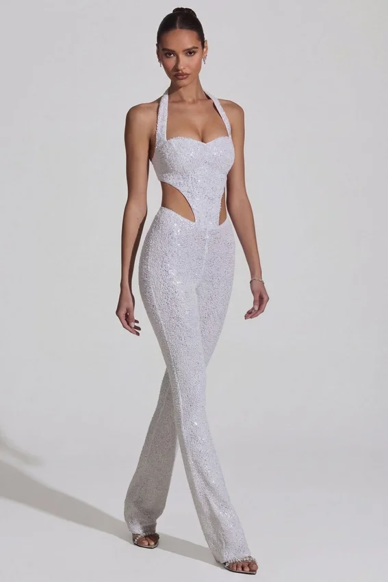 Coralena Embellished Cut-Out Jumpsuit in White Coralena Embellished Cut-Out Jumpsuit in White