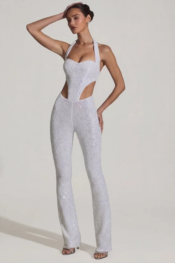 Coralena Embellished Cut-Out Jumpsuit in White Coralena Embellished Cut-Out Jumpsuit in White