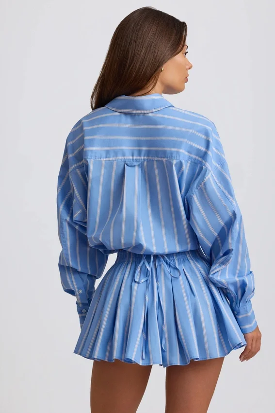 Cotton Poplin Stripe Pleated Shorts in Blue Stripe Cotton Poplin Stripe Pleated Shorts in Blue Stripe