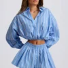 Cotton Poplin Stripe Pleated Shorts in Blue Stripe Cotton Poplin Stripe Pleated Shorts in Blue Stripe