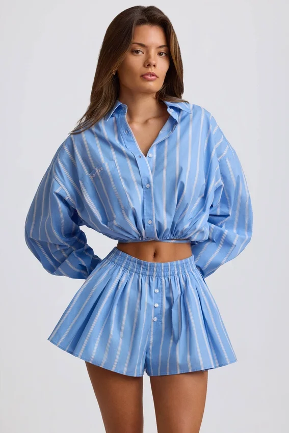 Cotton Poplin Stripe Pleated Shorts in Blue Stripe Cotton Poplin Stripe Pleated Shorts in Blue Stripe