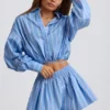 Cotton Poplin Stripe Pleated Shorts in Blue Stripe Cotton Poplin Stripe Pleated Shorts in Blue Stripe
