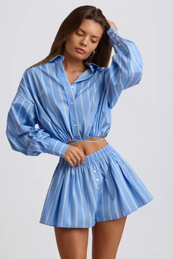 Cotton Poplin Stripe Pleated Shorts in Blue Stripe Cotton Poplin Stripe Pleated Shorts in Blue Stripe