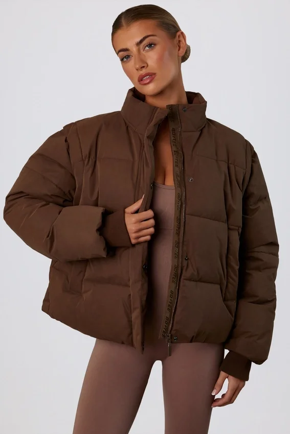 Cropped Puffer Jacket with Detachable Sleeves in Cocoa Brown Cropped Puffer Jacket with Detachable Sleeves in Cocoa Brown
