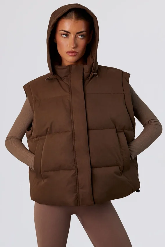 Cropped Puffer Jacket with Detachable Sleeves in Cocoa Brown Cropped Puffer Jacket with Detachable Sleeves in Cocoa Brown