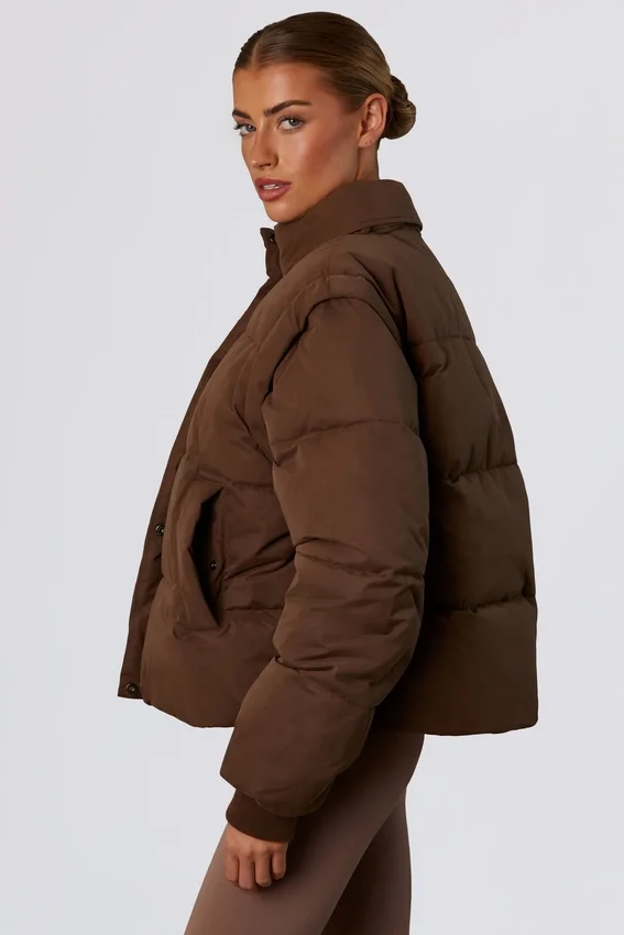 Cropped Puffer Jacket with Detachable Sleeves in Cocoa Brown Cropped Puffer Jacket with Detachable Sleeves in Cocoa Brown