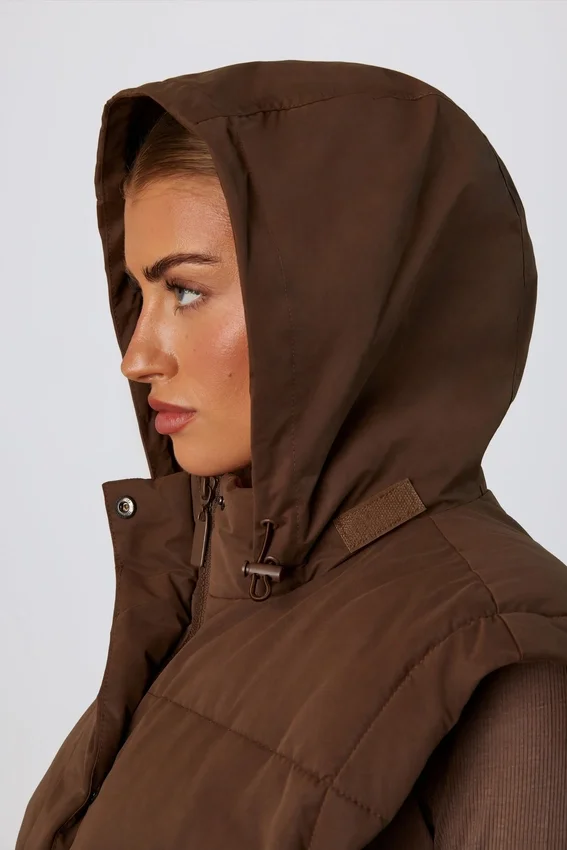 Cropped Puffer Jacket with Detachable Sleeves in Cocoa Brown Cropped Puffer Jacket with Detachable Sleeves in Cocoa Brown
