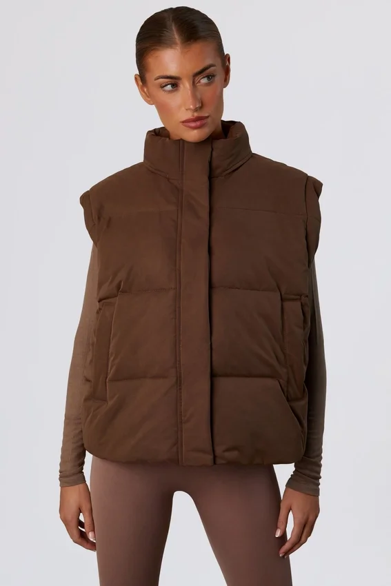Cropped Puffer Jacket with Detachable Sleeves in Cocoa Brown Cropped Puffer Jacket with Detachable Sleeves in Cocoa Brown
