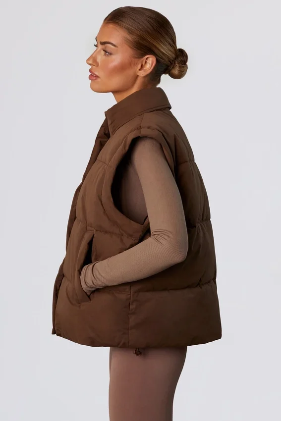 Cropped Puffer Jacket with Detachable Sleeves in Cocoa Brown Cropped Puffer Jacket with Detachable Sleeves in Cocoa Brown