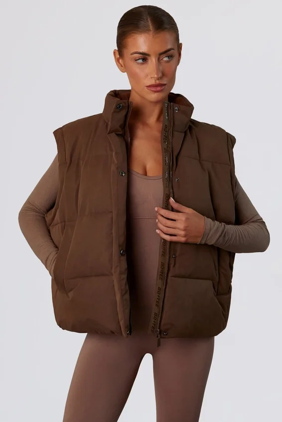 Cropped Puffer Jacket with Detachable Sleeves in Cocoa Brown Cropped Puffer Jacket with Detachable Sleeves in Cocoa Brown