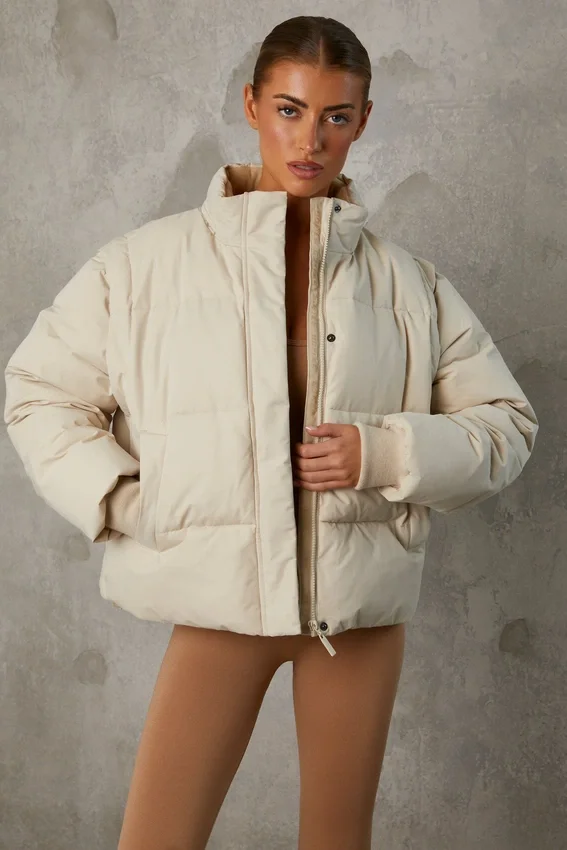 Cropped Puffer Jacket with Detachable Sleeves in Sand Cropped Puffer Jacket with Detachable Sleeves in Sand