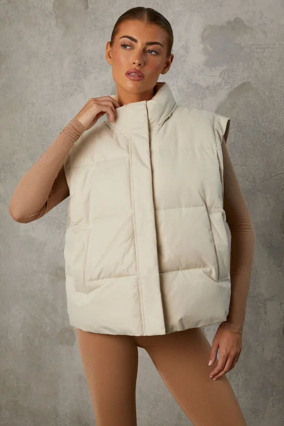 Cropped Puffer Jacket with Detachable Sleeves in Sand Cropped Puffer Jacket with Detachable Sleeves in Sand